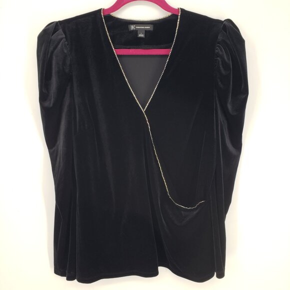 3/$25 INC International Concepts Rhinestone Trim Velvet Top L Long Puff Sleeves - Picture 1 of 7